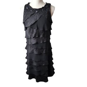 S L FASHIONS WOMEN'S SHIMMER AND CHIFFON SLEEVELESS  TIERED DRESS SIZE 12  BLACK